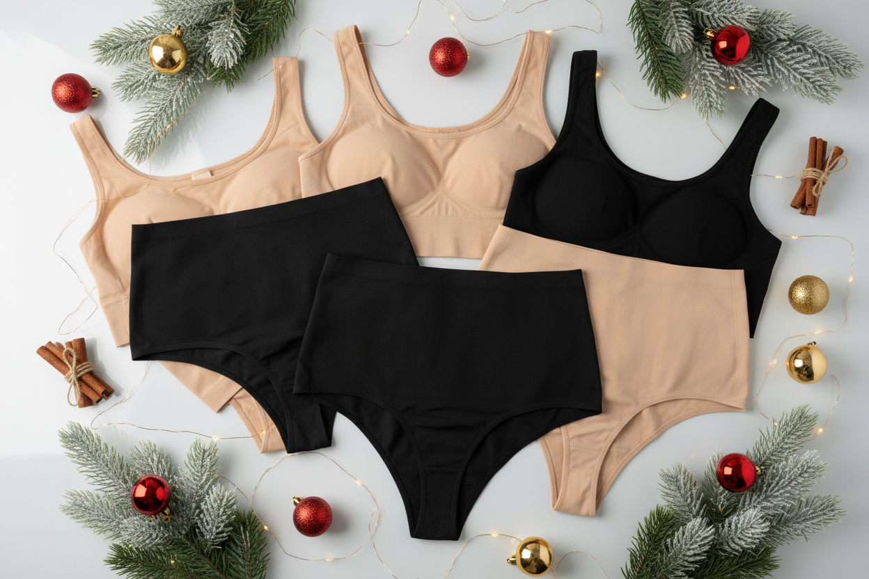 womens shapewear with christmas theme around it but not on the shapewear itself, show the thong style shapewear as well